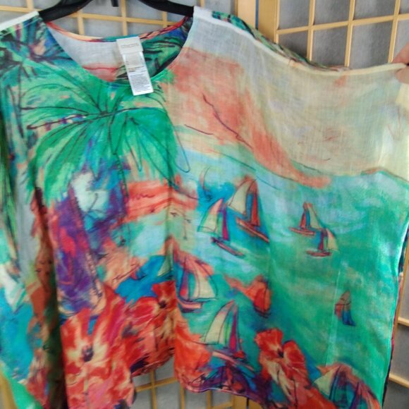 Chico's Tropical Sailboat Linen Poncho Top Size L/XL - Picture 4 of 9